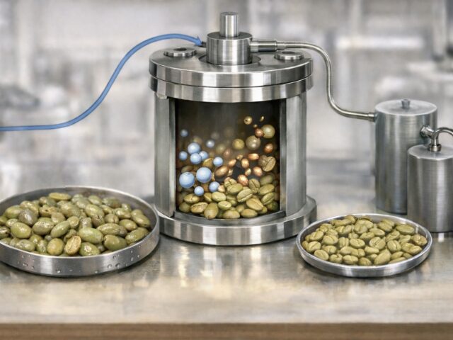 二酸化炭素を使ってカフェインを除去するCO₂抽出法の仕組みイメージ