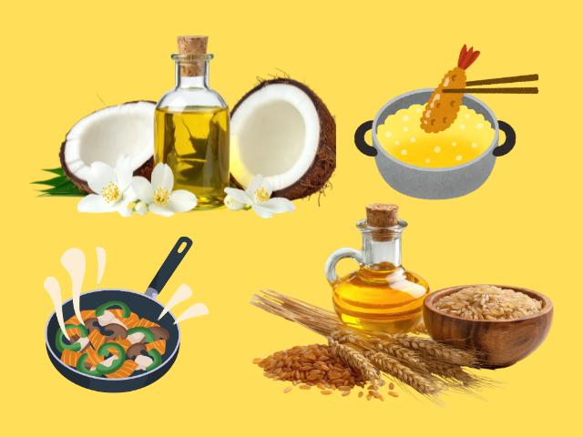 ココナッツオイルと米油、揚げ物や炒め物のイメージ