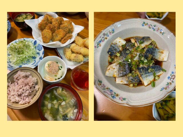 骨取りのサバで作ったフライの定食と、薬味をのせたサバ料理