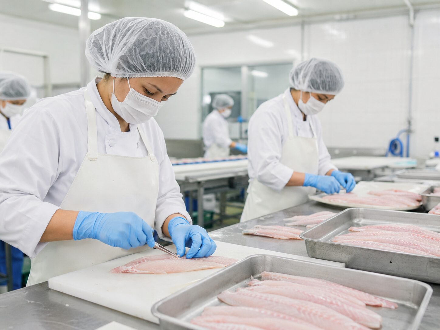 工場で魚の切り身から小骨をピンセットで抜く作業のようす