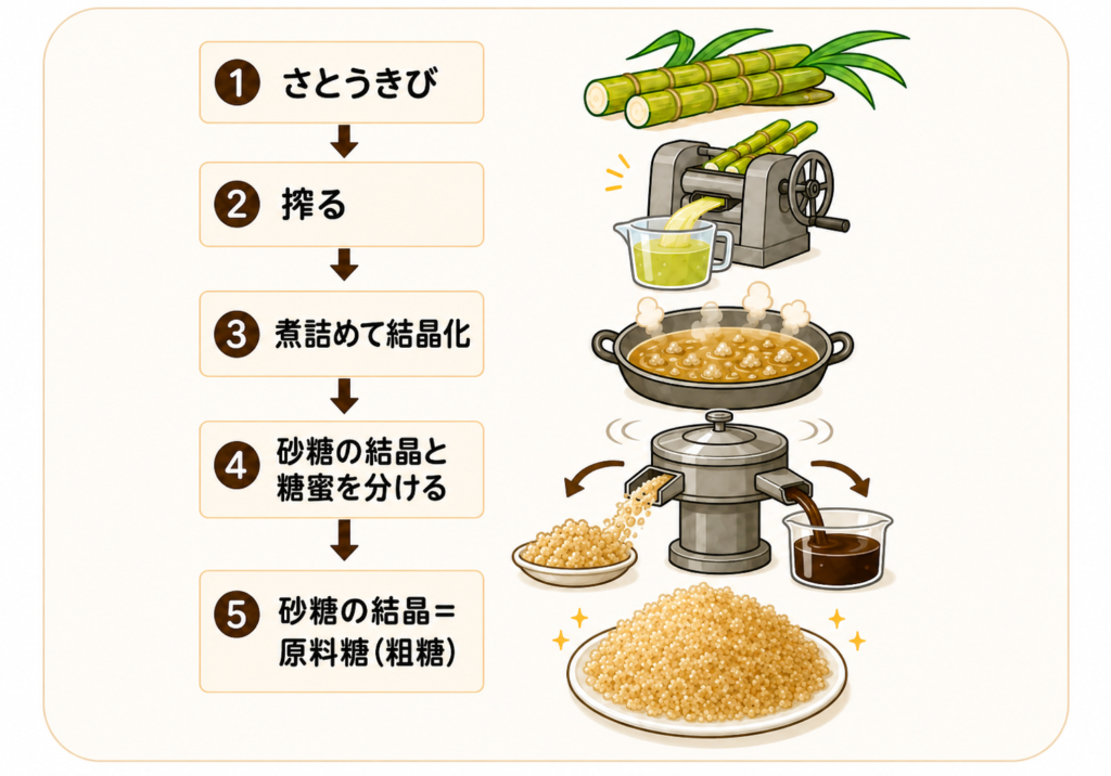 さとうきびから原料糖（粗糖）ができるまでの工程