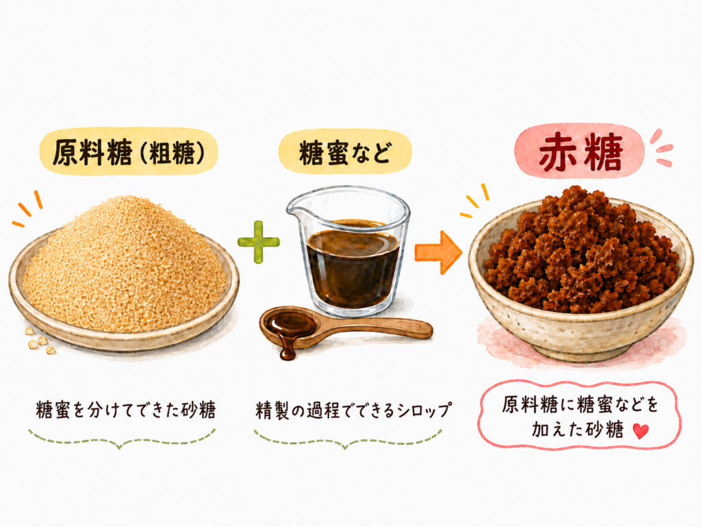 原料糖（粗糖）に糖蜜などを加えて赤糖を作るイラスト