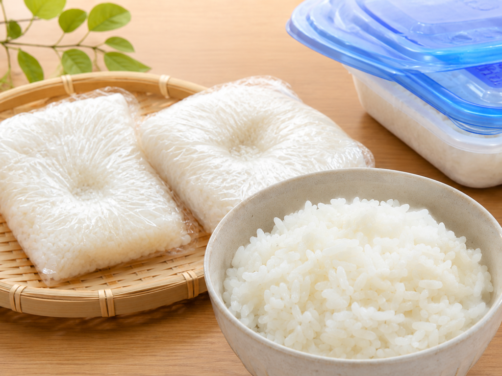 ラップで包んだ冷凍ご飯と、保存容器に入れたご飯、茶碗によそった白いご飯