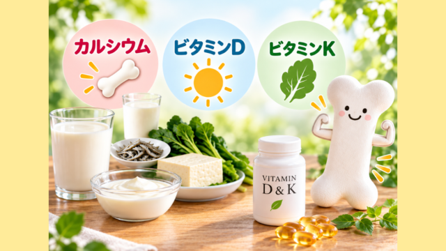 「骨にはカルシウムじゃないの？私がビタミンD＆Kを選んでいる理由」の文字と、牛乳・小魚・豆腐・青菜・ビタミンD＆Kのサプリメント、力こぶをつくる骨のキャラクター
