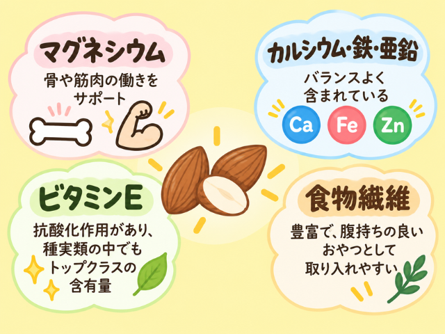 アーモンドの栄養（マグネシウム、カルシウム・鉄・亜鉛、ビタミンE、食物繊維）