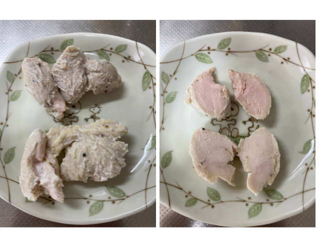 色の違う鶏むね肉で作った鶏ハムを並べた写真（左:成形後、右:スライス後）