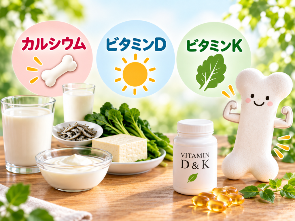 カルシウム・ビタミンD・ビタミンKの3つのラベルと、牛乳・小魚・豆腐・青菜・ビタミンD＆Kのサプリメント、力こぶをつくる骨のキャラクター