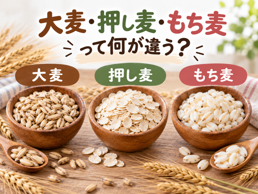 大麦・押し麦・もち麦を木のボウルに入れて並べたところ
