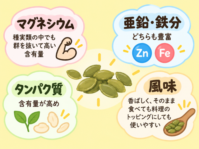 カボチャの種の栄養（マグネシウム、亜鉛・鉄分、タンパク質、風味）