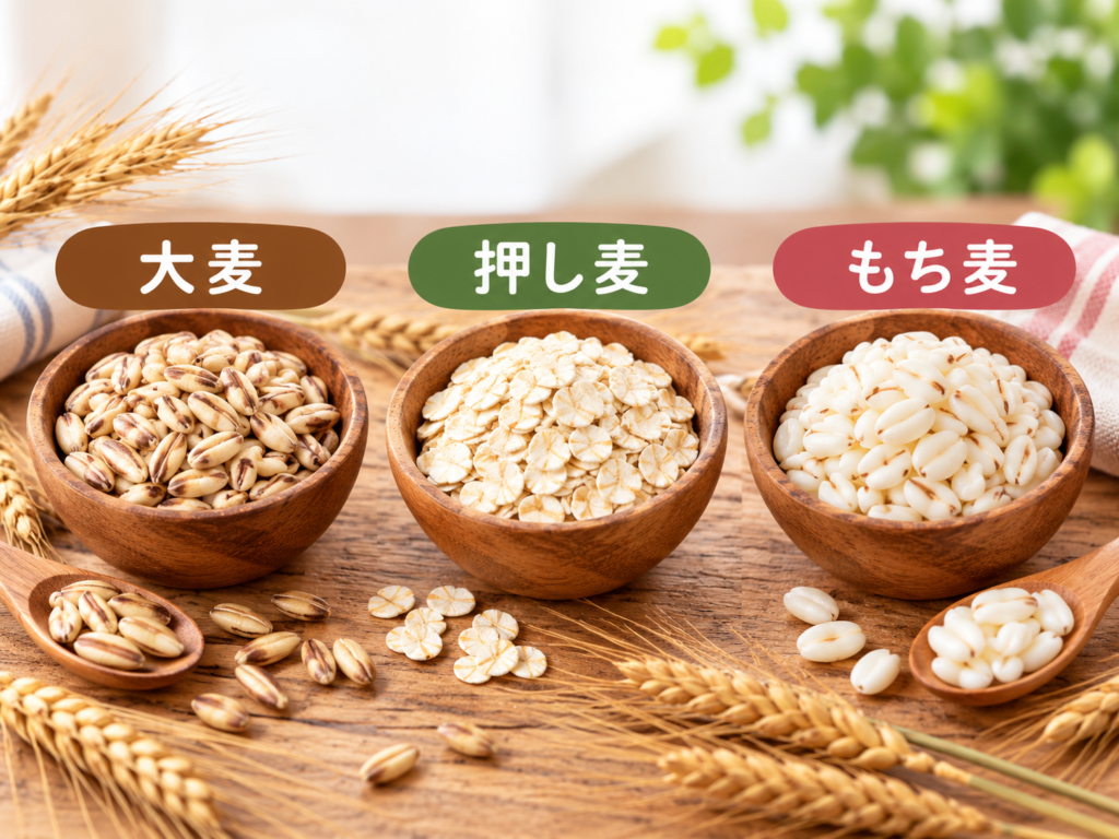 大麦・押し麦・もち麦を3つの木のボウルに並べて比べたところ