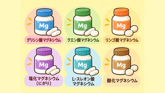 マグネシウムサプリの6つの種類（グリシン酸・クエン酸・リンゴ酸・塩化マグネシウム（にがり）・L-スレオン酸・酸化マグネシウム）
