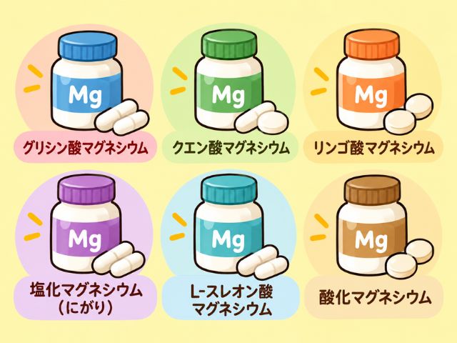 マグネシウムサプリの6つの種類（グリシン酸・クエン酸・リンゴ酸・塩化マグネシウム（にがり）・L-スレオン酸・酸化マグネシウム）