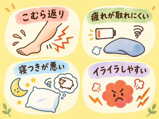 マグネシウム不足のサイン（こむら返り、疲労感、寝つきの悪さ、イライラ）