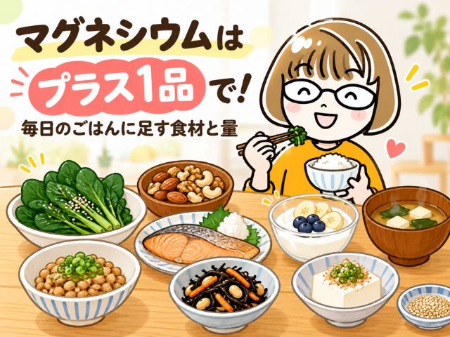 「マグネシウムはプラス1品で!」の文字と、納豆や豆腐、わかめの味噌汁などを前にごはんを食べる女性のイラスト