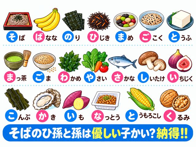 語呂合わせ「そばのひ孫と孫は優しい子かい?納得!!」で覚える20食材のイラスト