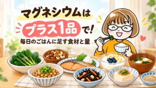 「マグネシウムはプラス1品で！」の文字と、納豆や豆腐、わかめの味噌汁などを前にごはんを食べる女性のイラスト